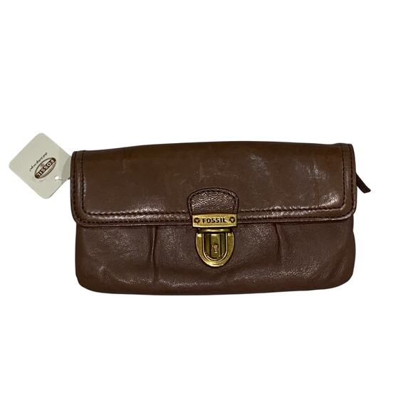 Fossil Handbags - NWT Fossil 8” Taupe Leather Wallet/Clutch, zipper pockets, semi-glossy finish